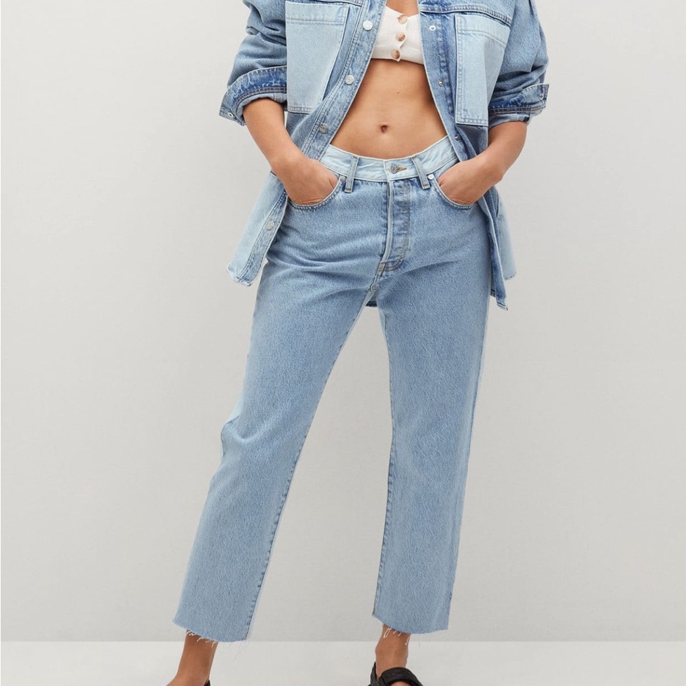 Mango Straight Fit Two-Tone Cropped Jeans